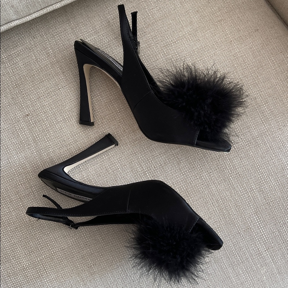 Black Slingback Sandals with feather pom pom